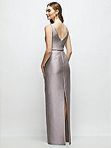 Rear View Thumbnail - Cashmere Gray Bateau Neck Satin Column Dress with Bow-Trimmed Skinny Belt