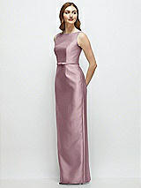 Side View Thumbnail - Dusty Rose Bateau Neck Satin Column Dress with Bow-Trimmed Skinny Belt