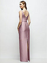 Rear View Thumbnail - Dusty Rose Bateau Neck Satin Column Dress with Bow-Trimmed Skinny Belt