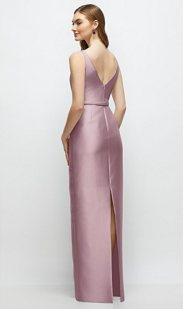 Back View - Dusty Rose Bateau Neck Satin Column Dress with Bow-Trimmed Skinny Belt