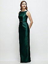 Side View Thumbnail - Evergreen Bateau Neck Satin Column Dress with Bow-Trimmed Skinny Belt