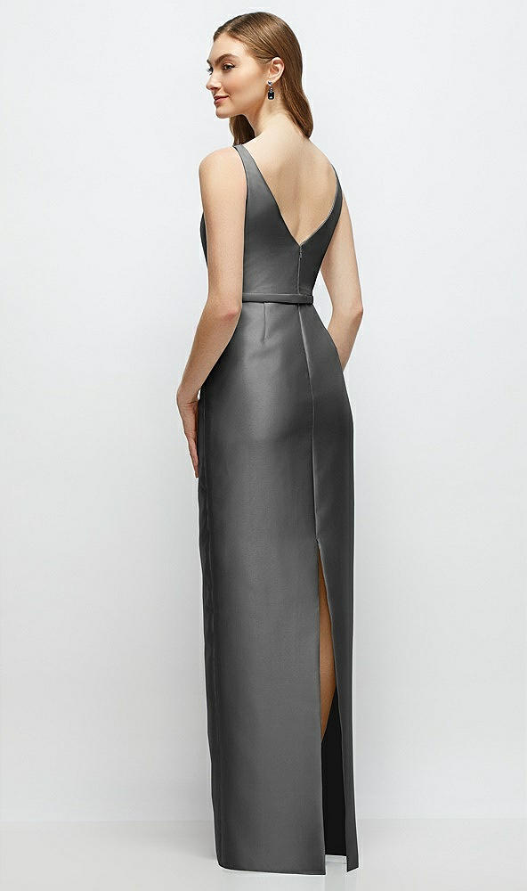 Back View - Gunmetal Bateau Neck Satin Column Dress with Bow-Trimmed Skinny Belt