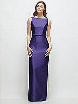 Front View Thumbnail - Grape Bateau Neck Satin Column Dress with Bow-Trimmed Skinny Belt