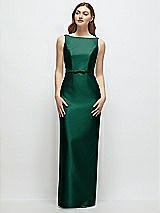 Front View Thumbnail - Hunter Green Bateau Neck Satin Column Dress with Bow-Trimmed Skinny Belt