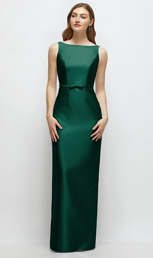 Front View - Hunter Green Bateau Neck Satin Column Dress with Bow-Trimmed Skinny Belt