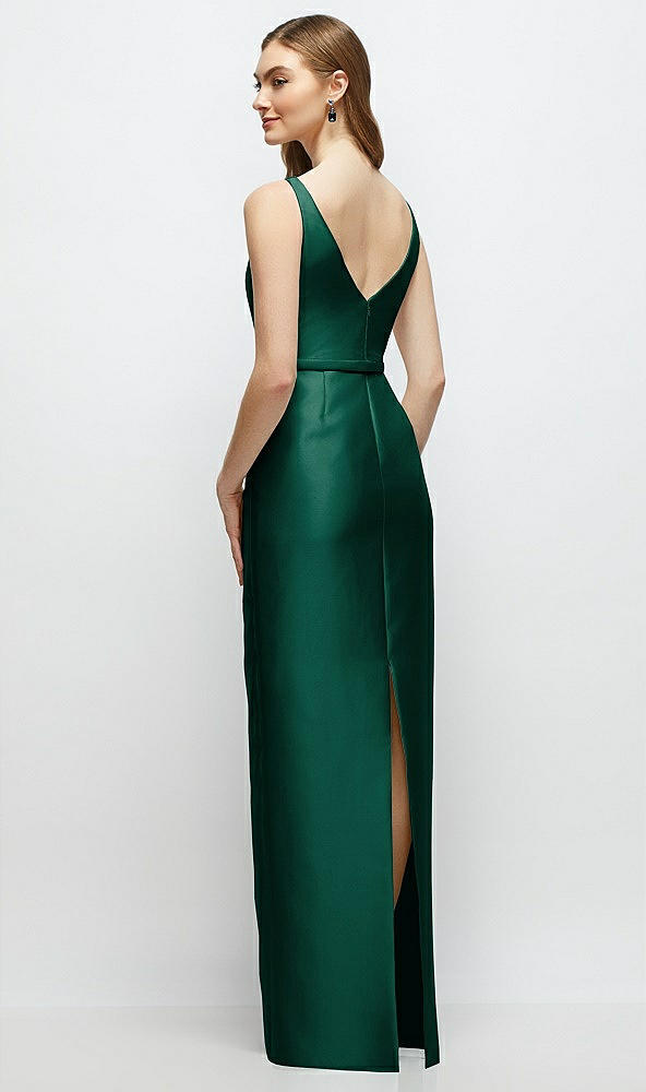 Back View - Hunter Green Bateau Neck Satin Column Dress with Bow-Trimmed Skinny Belt