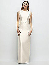 Front View Thumbnail - Ivory Bateau Neck Satin Column Dress with Bow-Trimmed Skinny Belt