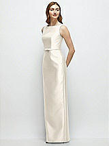 Side View Thumbnail - Ivory Bateau Neck Satin Column Dress with Bow-Trimmed Skinny Belt