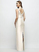 Rear View Thumbnail - Ivory Bateau Neck Satin Column Dress with Bow-Trimmed Skinny Belt