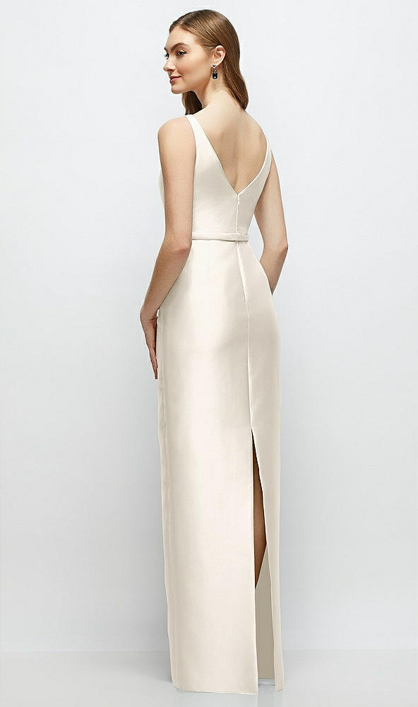 Back View - Ivory Bateau Neck Satin Column Dress with Bow-Trimmed Skinny Belt