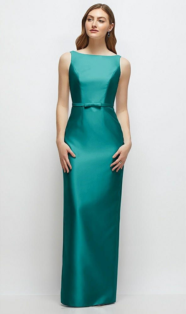 Front View - Jade Bateau Neck Satin Column Dress with Bow-Trimmed Skinny Belt