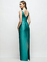 Rear View Thumbnail - Jade Bateau Neck Satin Column Dress with Bow-Trimmed Skinny Belt