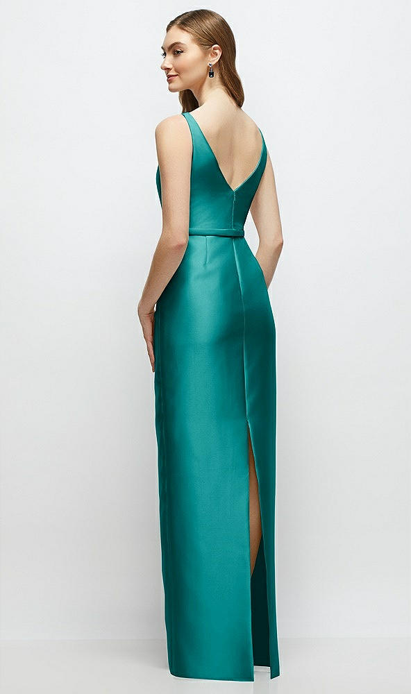 Back View - Jade Bateau Neck Satin Column Dress with Bow-Trimmed Skinny Belt