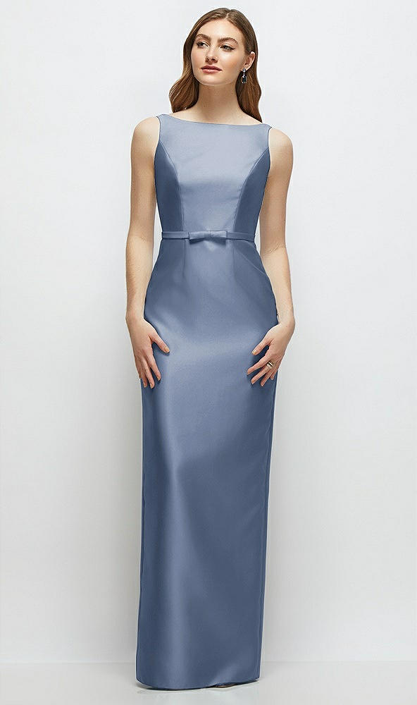 Front View - Larkspur Blue Bateau Neck Satin Column Dress with Bow-Trimmed Skinny Belt