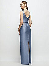 Rear View Thumbnail - Larkspur Blue Bateau Neck Satin Column Dress with Bow-Trimmed Skinny Belt