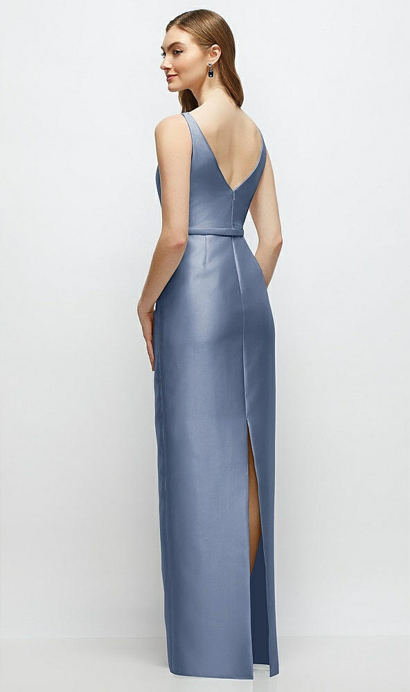 Back View - Larkspur Blue Bateau Neck Satin Column Dress with Bow-Trimmed Skinny Belt