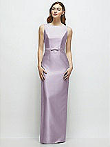 Front View Thumbnail - Lilac Haze Bateau Neck Satin Column Dress with Bow-Trimmed Skinny Belt