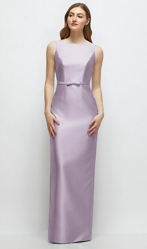 Front View - Lilac Haze Bateau Neck Satin Column Dress with Bow-Trimmed Skinny Belt