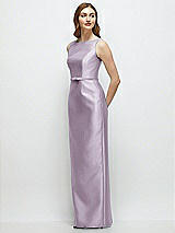 Side View Thumbnail - Lilac Haze Bateau Neck Satin Column Dress with Bow-Trimmed Skinny Belt