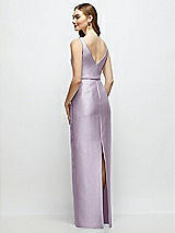 Rear View Thumbnail - Lilac Haze Bateau Neck Satin Column Dress with Bow-Trimmed Skinny Belt