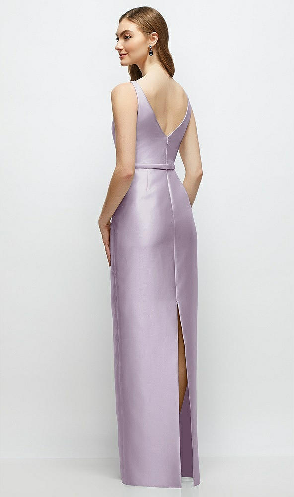 Back View - Lilac Haze Bateau Neck Satin Column Dress with Bow-Trimmed Skinny Belt