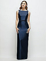 Front View Thumbnail - Midnight Navy Bateau Neck Satin Column Dress with Bow-Trimmed Skinny Belt