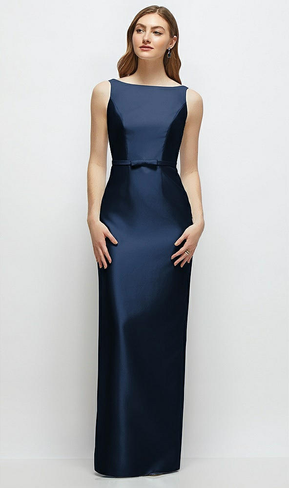 Front View - Midnight Navy Bateau Neck Satin Column Dress with Bow-Trimmed Skinny Belt