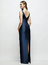 Rear View Thumbnail - Midnight Navy Bateau Neck Satin Column Dress with Bow-Trimmed Skinny Belt