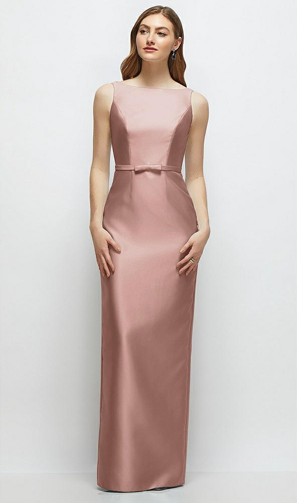 Front View - Neu Nude Bateau Neck Satin Column Dress with Bow-Trimmed Skinny Belt