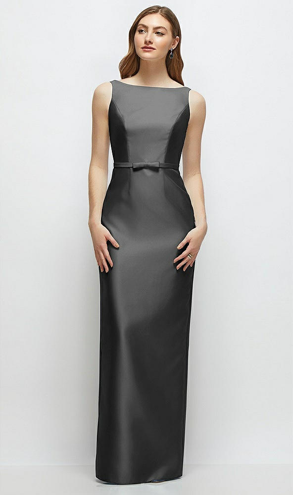 Front View - Pewter Bateau Neck Satin Column Dress with Bow-Trimmed Skinny Belt