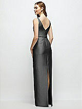 Rear View Thumbnail - Pewter Bateau Neck Satin Column Dress with Bow-Trimmed Skinny Belt