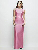 Front View Thumbnail - Powder Pink Bateau Neck Satin Column Dress with Bow-Trimmed Skinny Belt