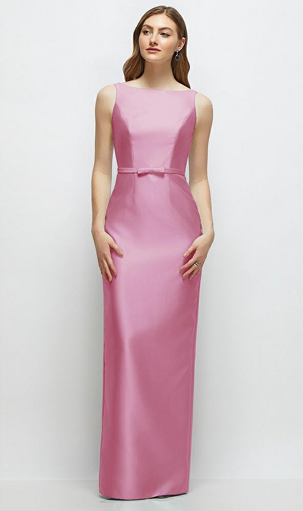 Front View - Powder Pink Bateau Neck Satin Column Dress with Bow-Trimmed Skinny Belt