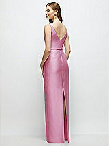 Rear View Thumbnail - Powder Pink Bateau Neck Satin Column Dress with Bow-Trimmed Skinny Belt