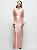 Front View Thumbnail - Rose Bateau Neck Satin Column Dress with Bow-Trimmed Skinny Belt