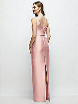 Rear View Thumbnail - Rose Bateau Neck Satin Column Dress with Bow-Trimmed Skinny Belt