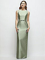 Front View Thumbnail - Sage Bateau Neck Satin Column Dress with Bow-Trimmed Skinny Belt