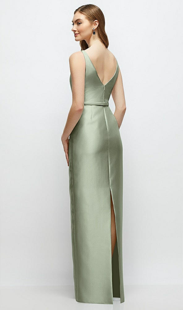 Back View - Sage Bateau Neck Satin Column Dress with Bow-Trimmed Skinny Belt