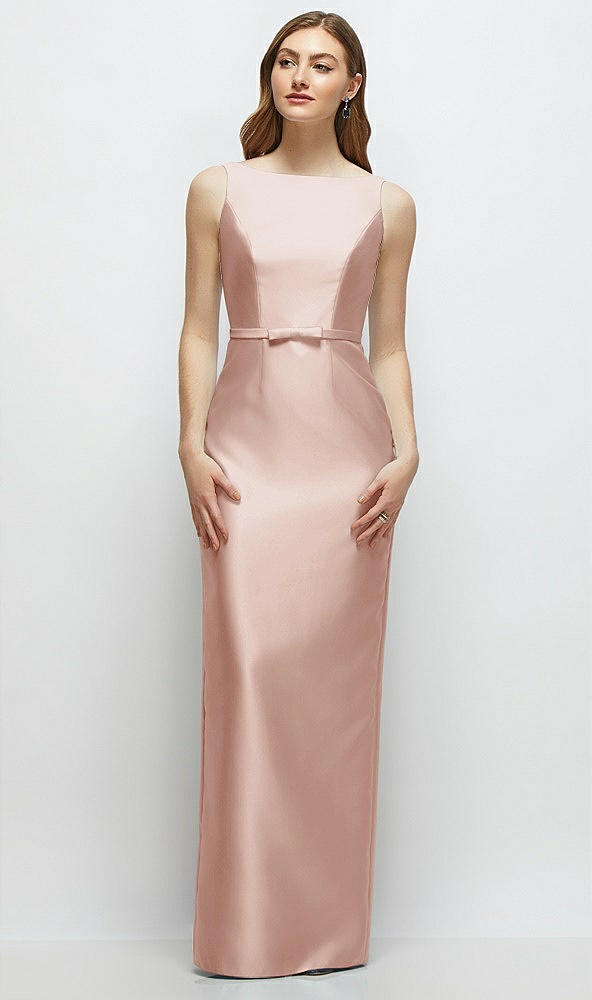 Front View - Toasted Sugar Bateau Neck Satin Column Dress with Bow-Trimmed Skinny Belt