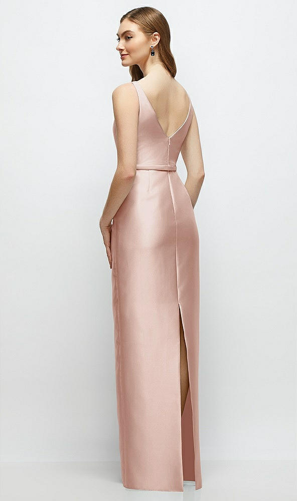 Back View - Toasted Sugar Bateau Neck Satin Column Dress with Bow-Trimmed Skinny Belt