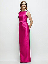 Side View Thumbnail - Think Pink Bateau Neck Satin Column Dress with Bow-Trimmed Skinny Belt