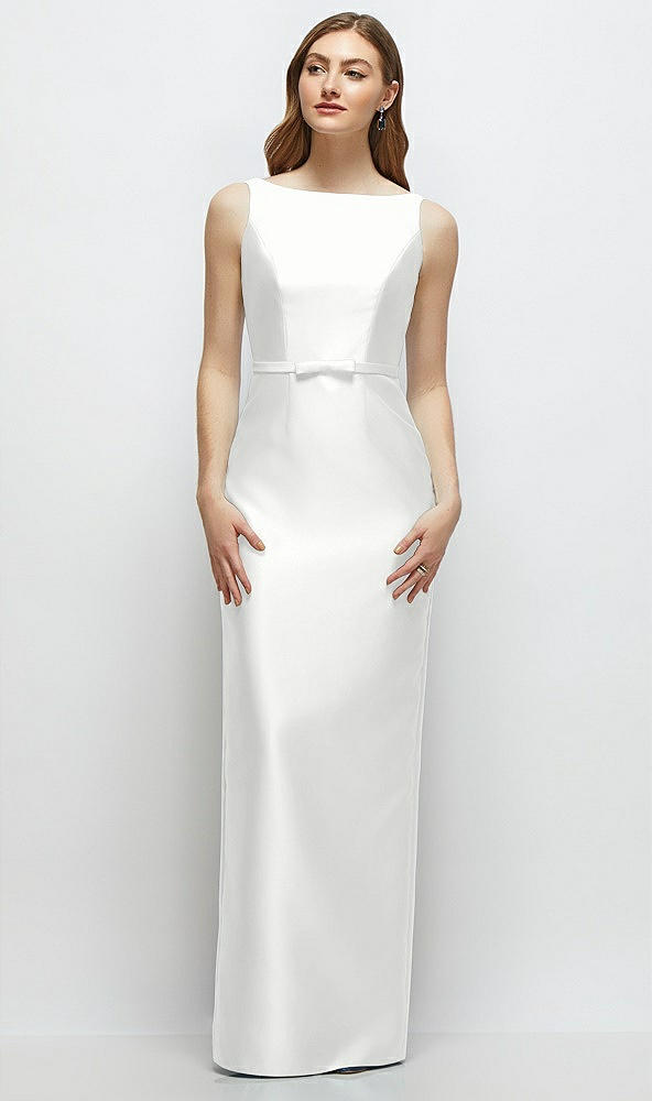 Front View - White Bateau Neck Satin Column Dress with Bow-Trimmed Skinny Belt