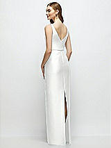 Rear View Thumbnail - White Bateau Neck Satin Column Dress with Bow-Trimmed Skinny Belt