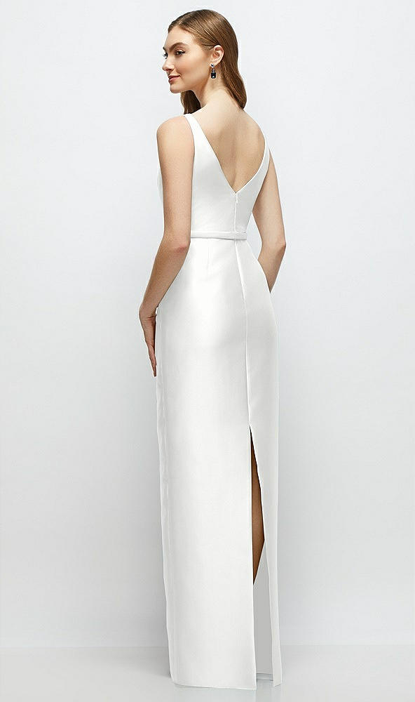 Back View - White Bateau Neck Satin Column Dress with Bow-Trimmed Skinny Belt