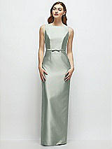 Front View Thumbnail - Willow Green Bateau Neck Satin Column Dress with Bow-Trimmed Skinny Belt