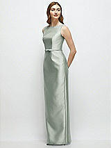 Side View Thumbnail - Willow Green Bateau Neck Satin Column Dress with Bow-Trimmed Skinny Belt