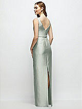 Rear View Thumbnail - Willow Green Bateau Neck Satin Column Dress with Bow-Trimmed Skinny Belt