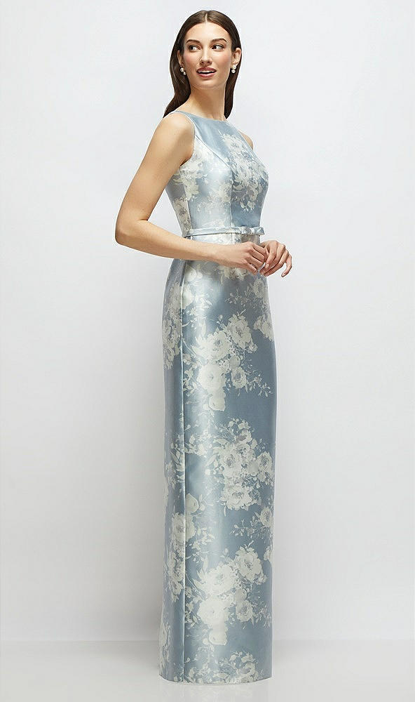 Front View - Porcelain Blue Seraphina Floral Floral Bateau Neck Satin Column Dress with Bow-Trimmed Skinny Belt