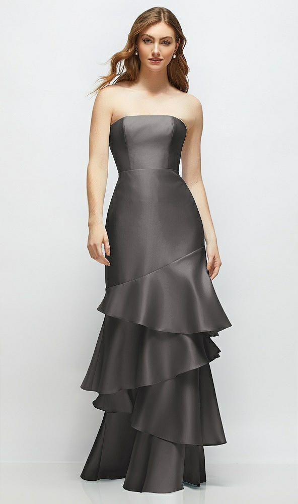 Front View - Caviar Gray Strapless Bodycon Maxi Dress with Tiered Ruffle Skirt