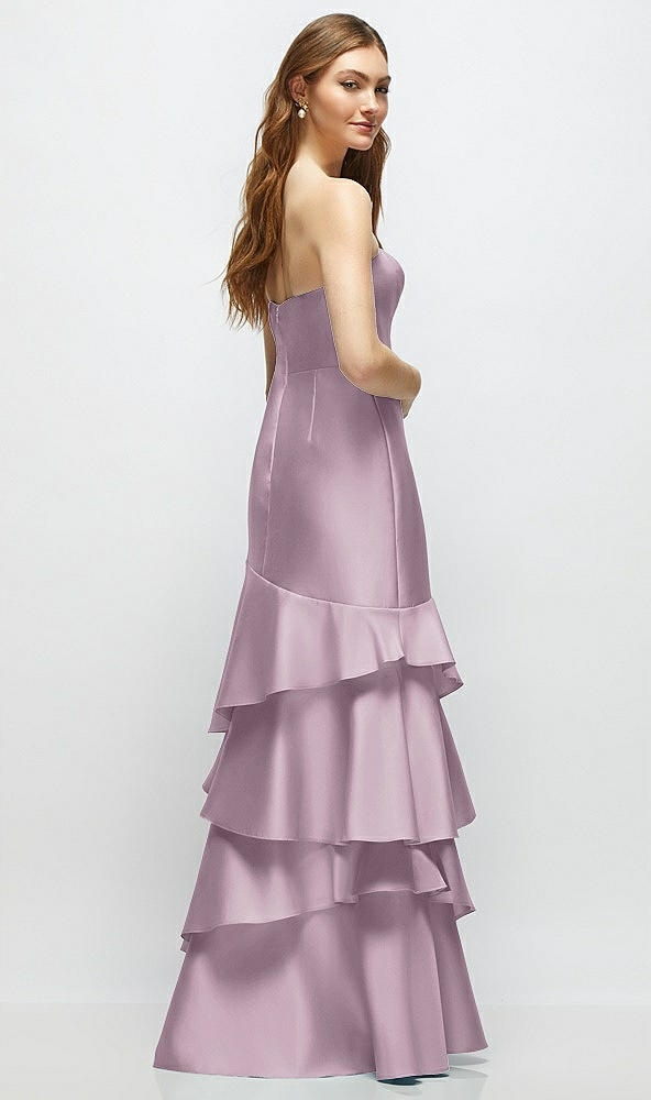 Back View - Suede Rose Strapless Bodycon Maxi Dress with Tiered Ruffle Skirt